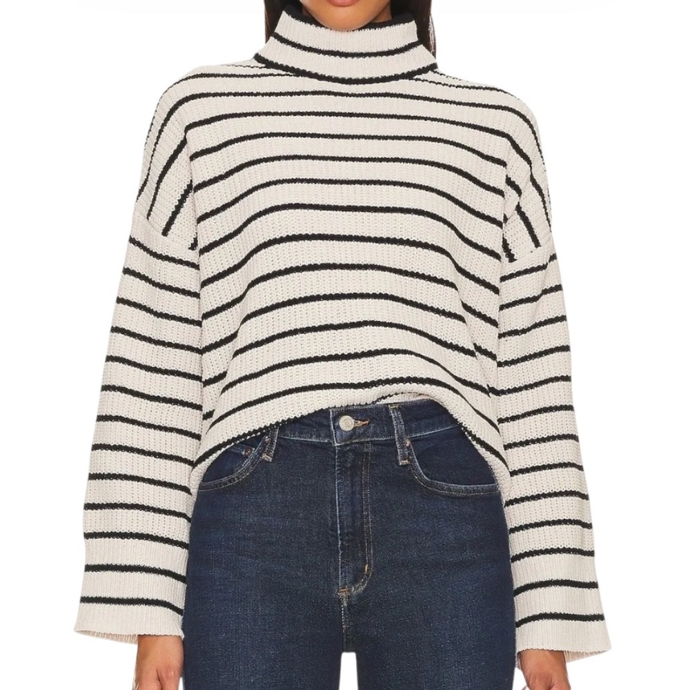 SANCTUARY Revolve CREAM & BLACK STRIPED Chenille Sweater MOCK NECK Super Soft M